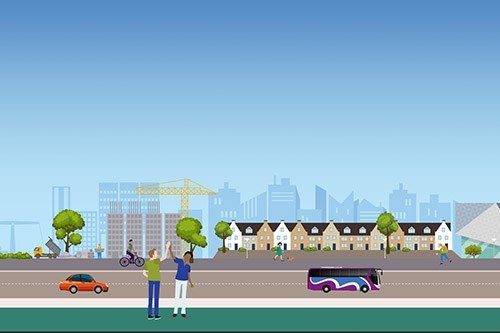 Illustratie van weg met verkeer, gebouwen, bomen en twee mensen die elkaar een high five geven